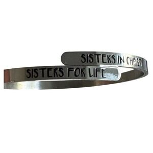 Vintage Cuff Bracelet Silver Tone Engraved "Sisters in Christ/Sisters for Life"‎